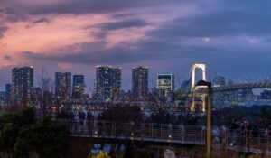 Statue of liberty, bridge, and city skyline