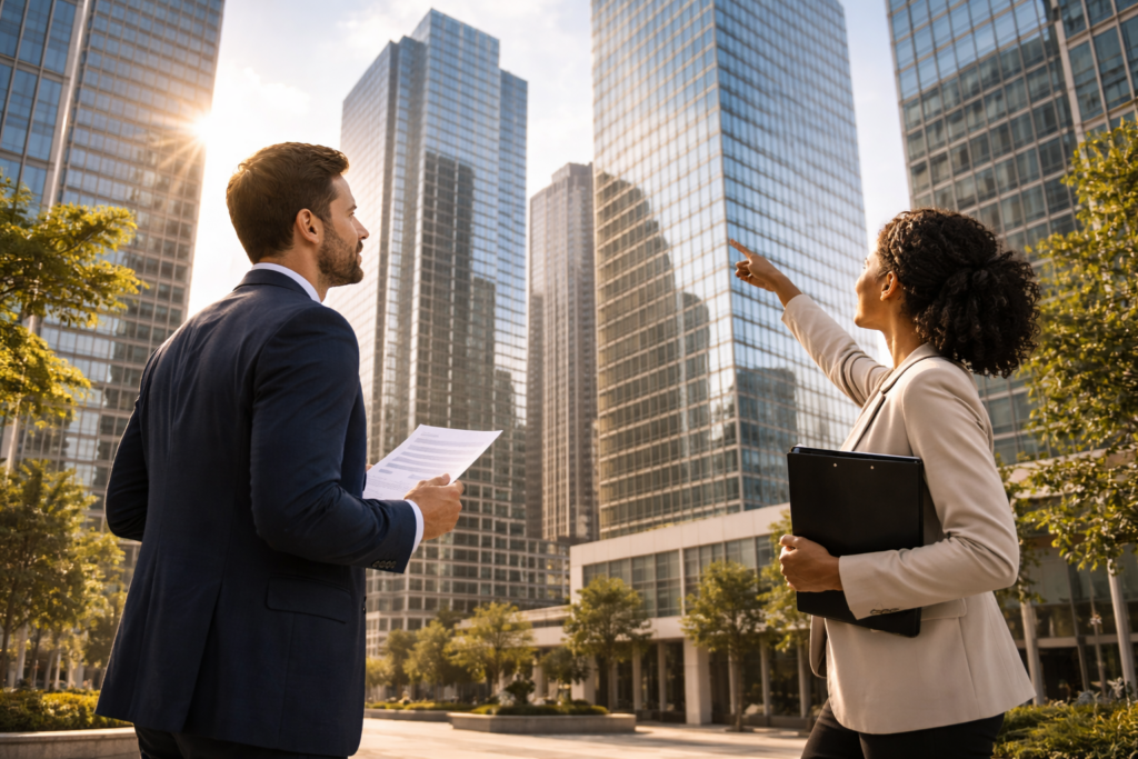Two business professionals in suits discuss modern skyscrapers under a bright sky. One holds documents, the other points upward, conveying ambition.